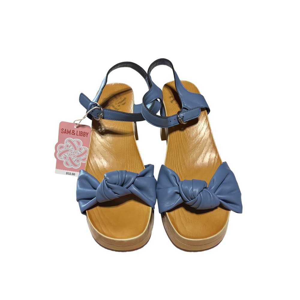 Sam & Libby Cassia Wood Sandal Densky Blue Knotted Bow Platform Block Heel 11